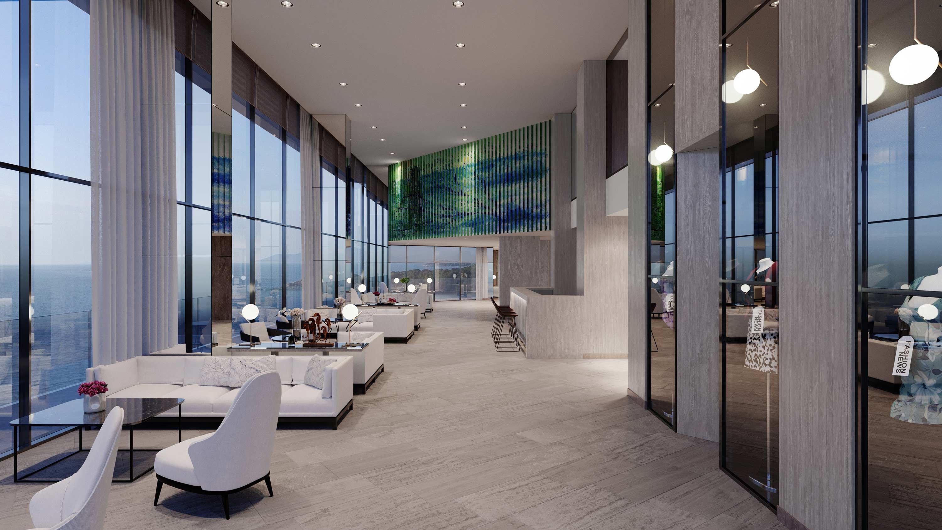 large floor to ceiling windows with window treatments and hotel lobby