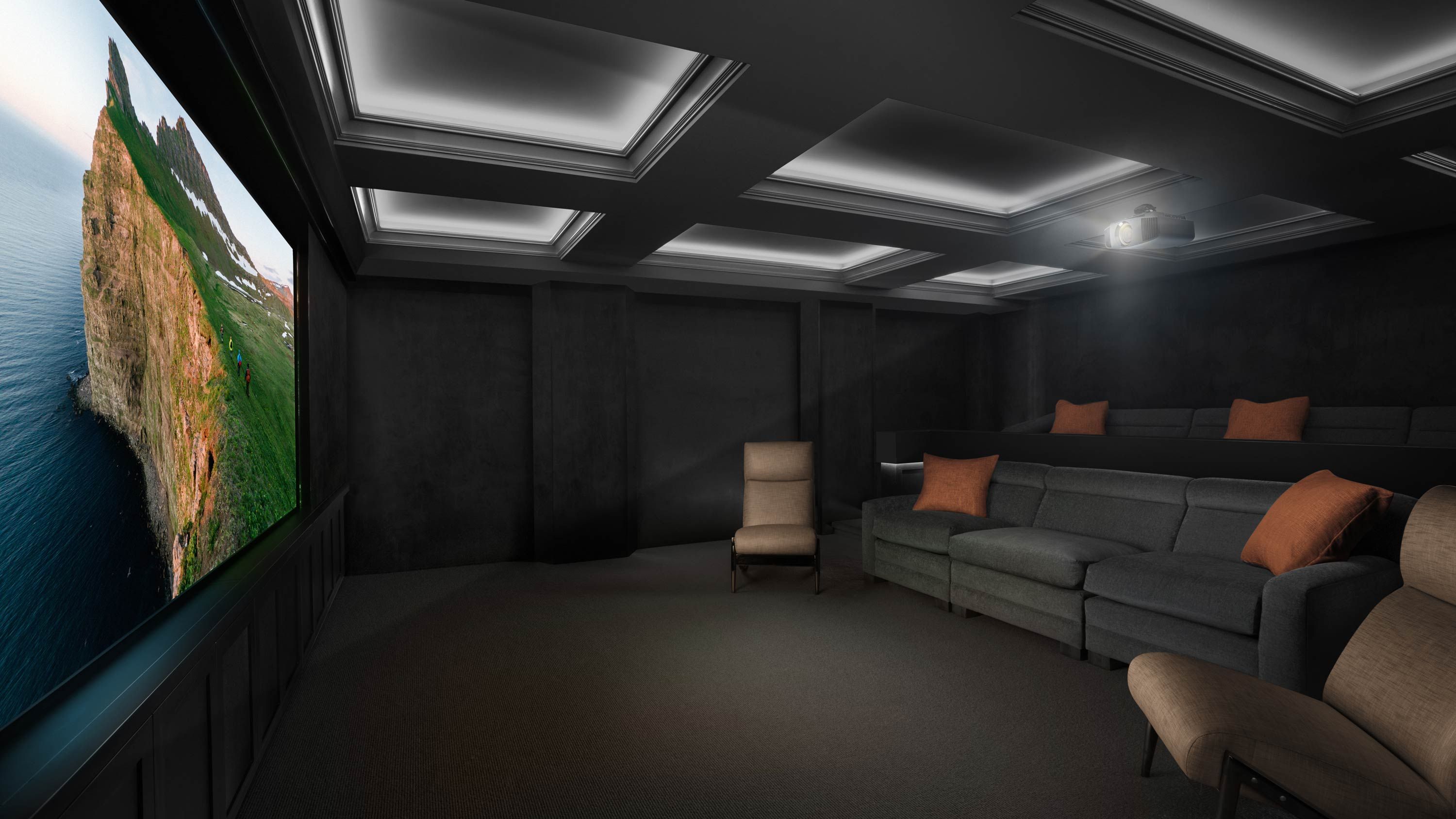 sony image of home theater with LED lighting on ceiling