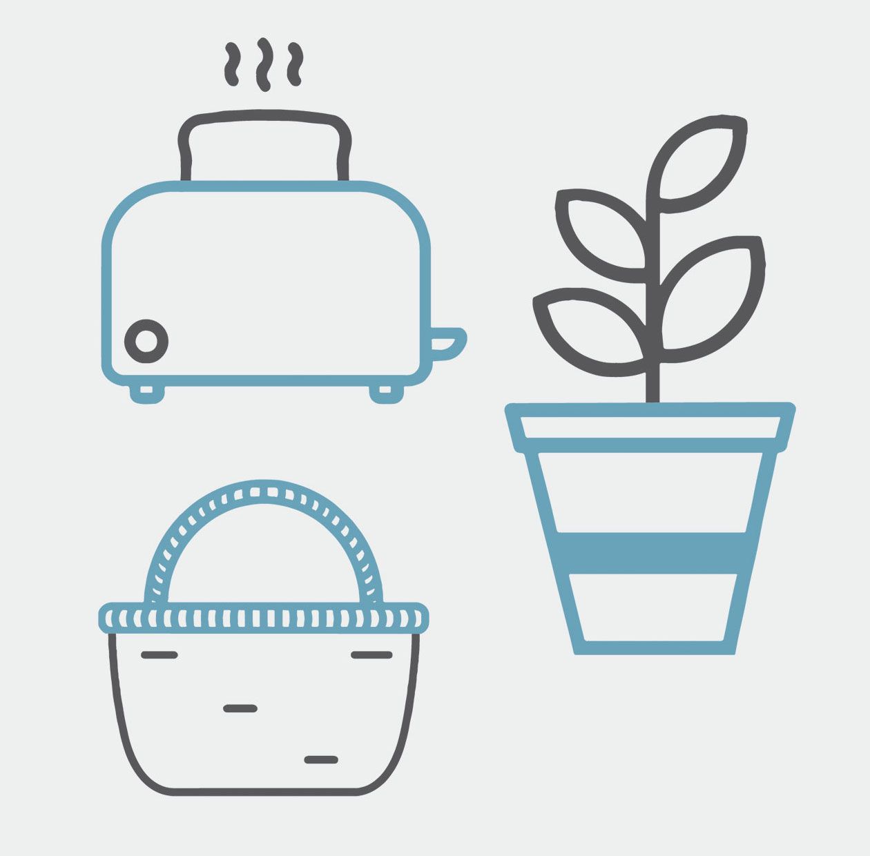icon of toaster, basket, and plants
